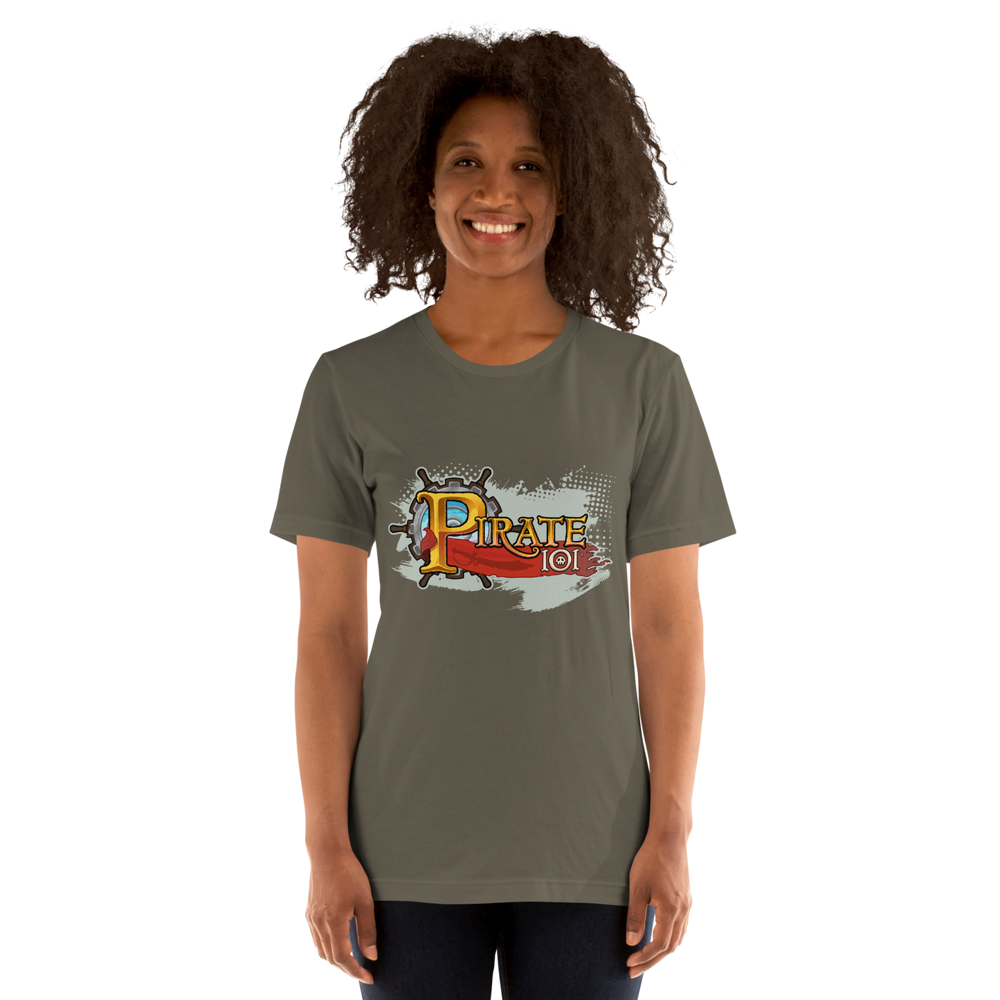 Pirate101-Pirate-Grunge-Logo-Unisex-Graphic-Shirt3-army-short-sleeve