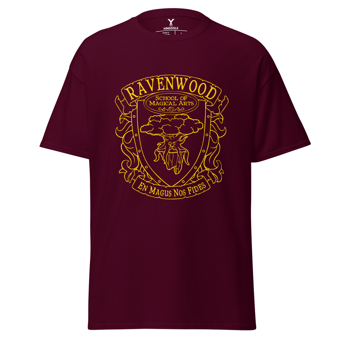 Wizard101-Ravenwood-Crest-Outline-Unisex-Graphic-Shirt-short-sleeve-maroon