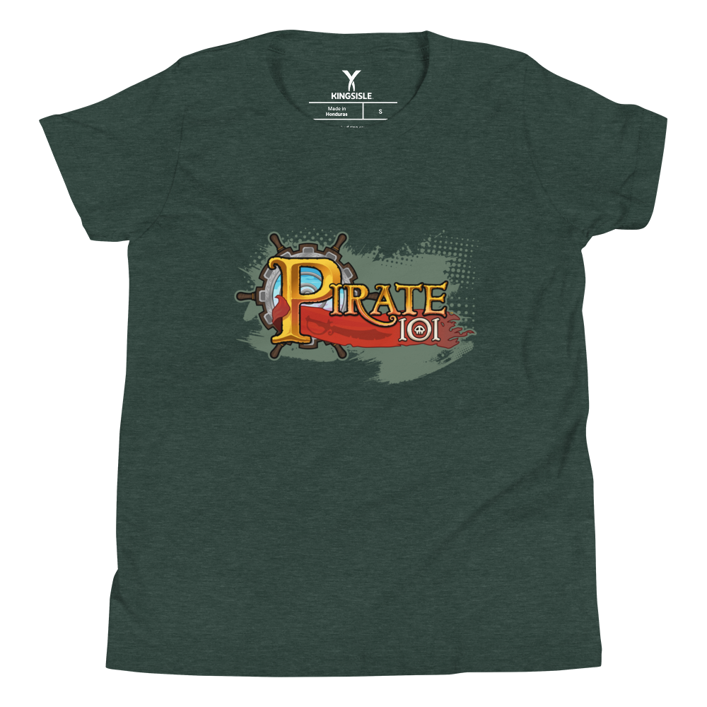 Pirate101-Pirate-Grunge-Logo-Youth-Graphic-Shirt-heather-forest-short-sleeve