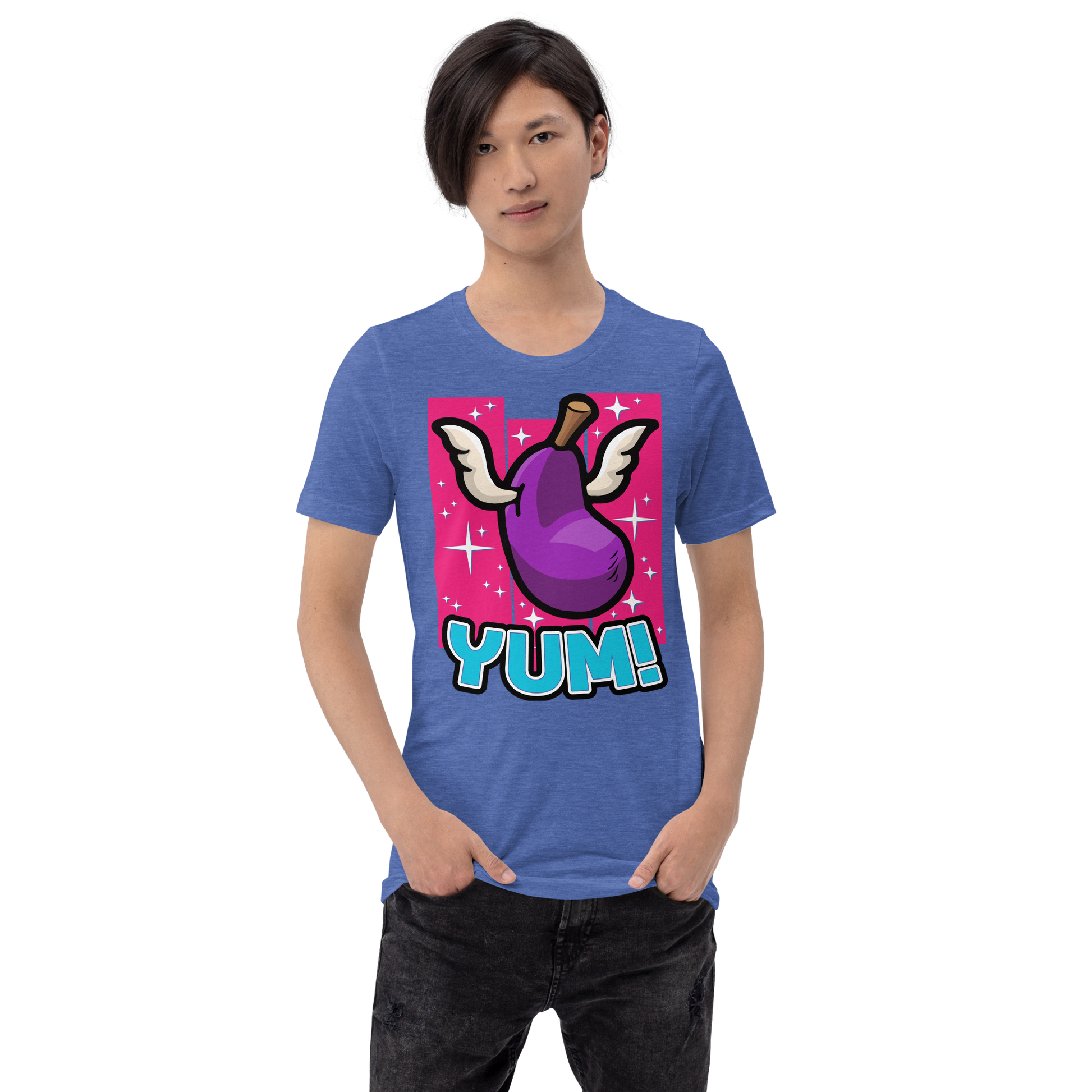 Pirate101-Yum-Unisex-Graphic-Shirt2-fruit-short-sleeve-heather-royal