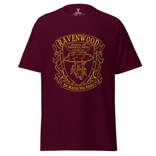 Wizard101-Ravenwood-Crest-Outline-Unisex-Graphic-Shirt-short-sleeve-maroon