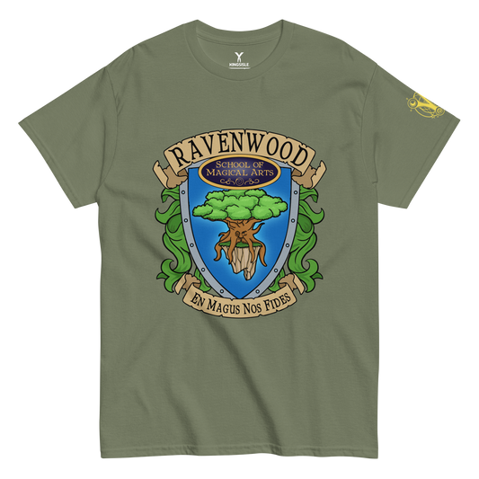 Wizard101-Ravenwood-School-Crest-Icon-Unisex-Graphic-Shirt-short-sleeve-military-green