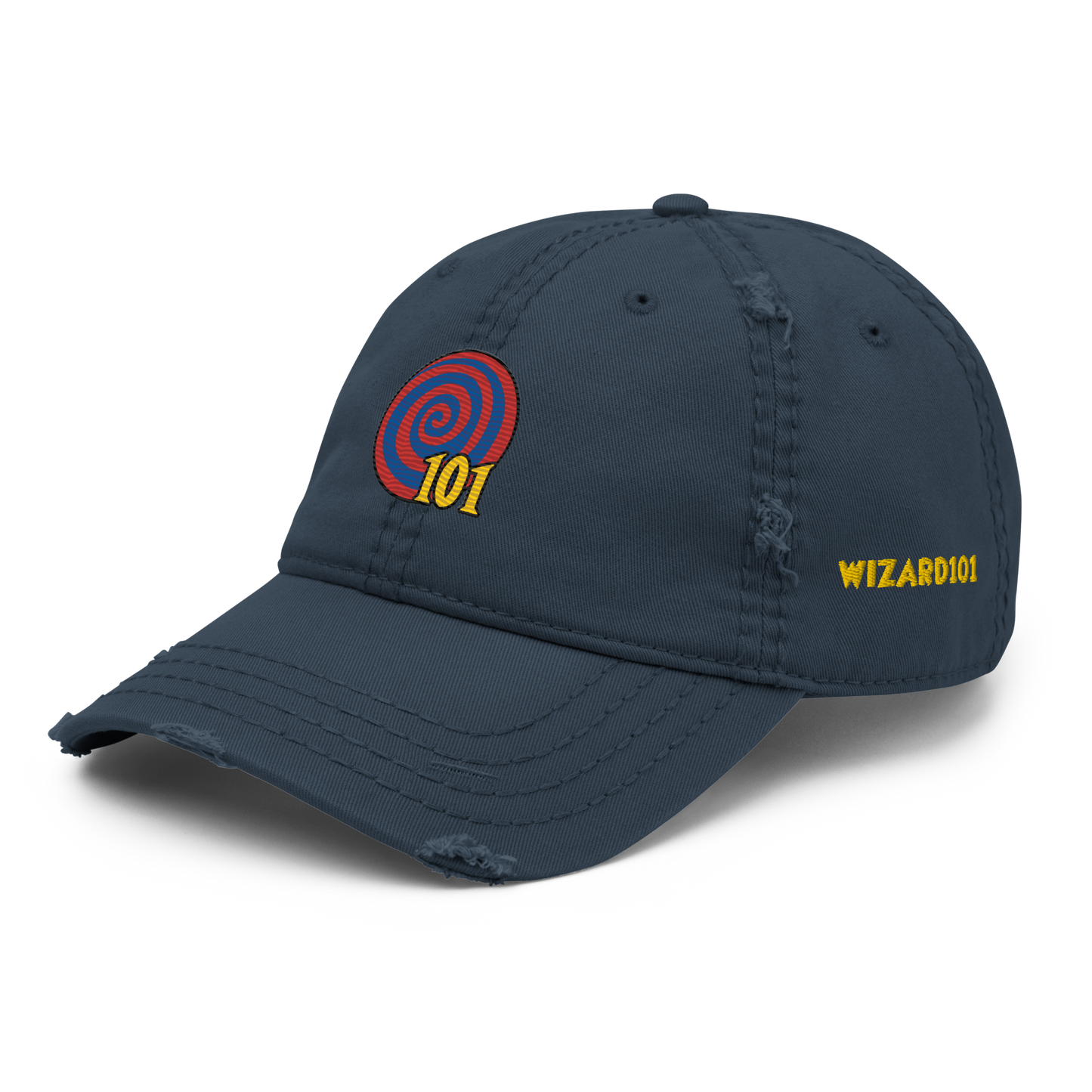 Wizard101-Spiral-Distressed-Dad-Hat3-embroiderred-navy-left