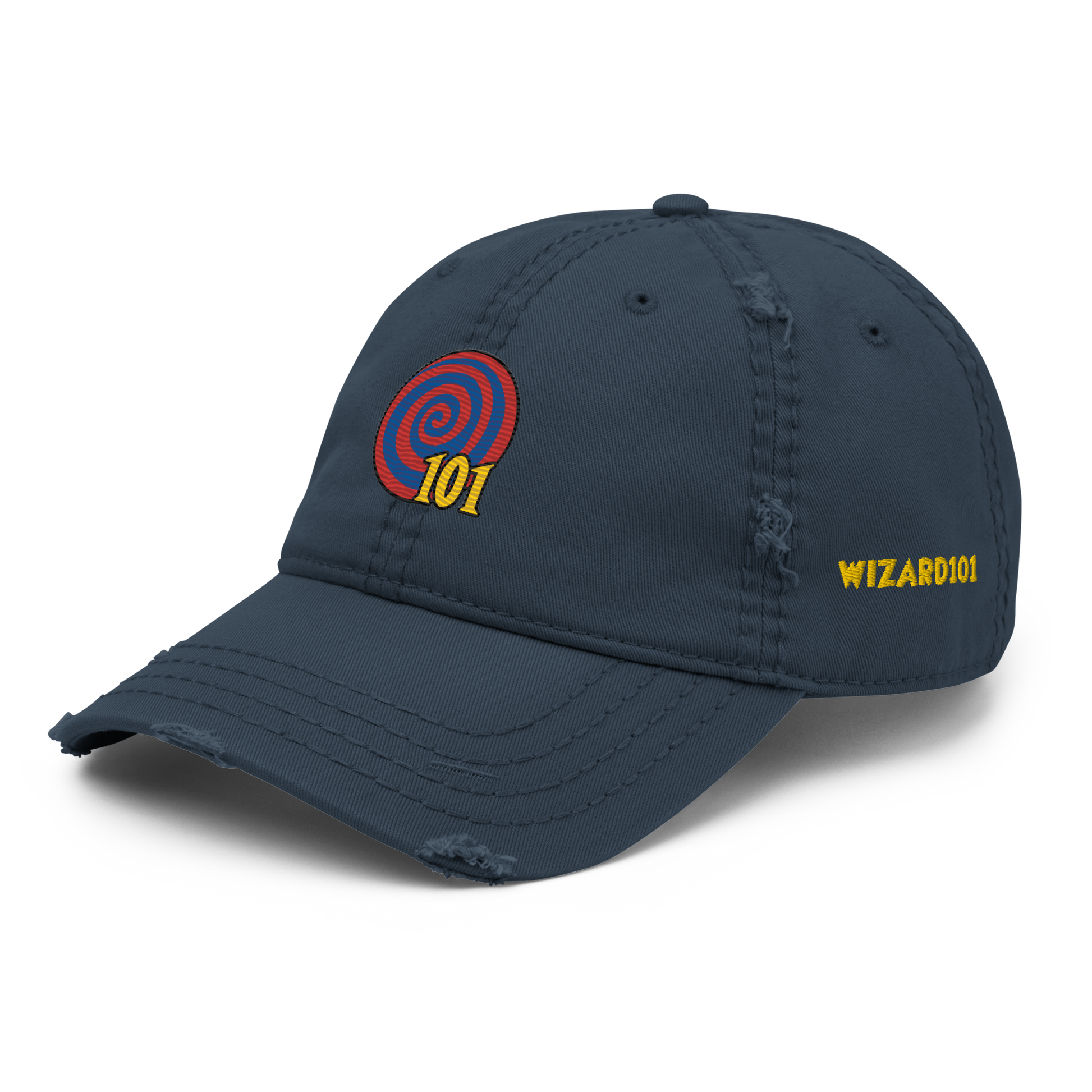 Wizard101-Spiral-Distressed-Dad-Hat3-embroiderred-navy-left