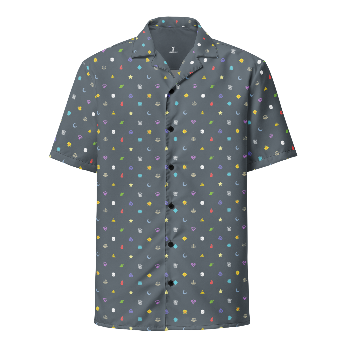 Wizard101-Wizard-Tiny-School-Symbols-all-over-print-unisex-button-shirt1-short-sleeve-front